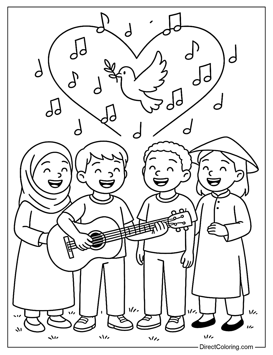 Coloring page of a group of children from many countries playing the piano together, singing a song about peace